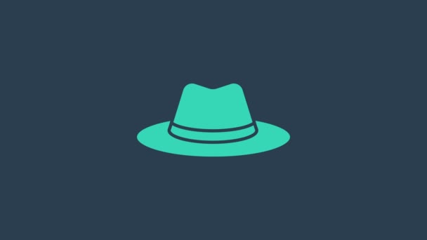 Turkusowa zachodnia ikona kapelusza kowboja odizolowana na niebieskim tle. 4K Animacja graficzna ruchu wideo - Materiał filmowy, wideo