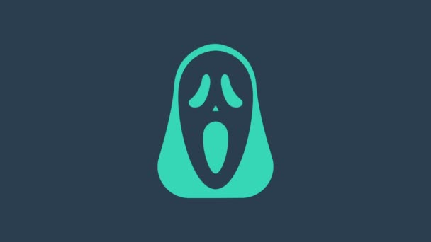 Turquoise Funny and scary ghost mask for Halloween icon isolated on blue background. Happy Halloween party. 4K Video motion graphic animation - Footage, Video