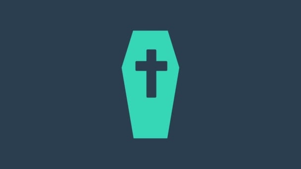 Tyrkysová rakev s ikonou křesťanského kříže izolovaná na modrém pozadí. Šťastný Halloweenský večírek. Grafická animace pohybu videa 4K - Záběry, video