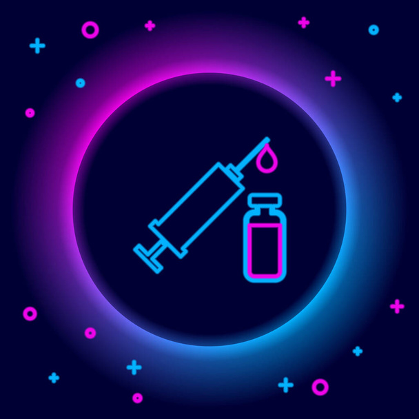 Glowing neon line Medical syringe with needle and vial or ampoule icon isolated on black background. Vaccination, injection, vaccine, insulin concept. Colorful outline concept. Vector - Vector, Image