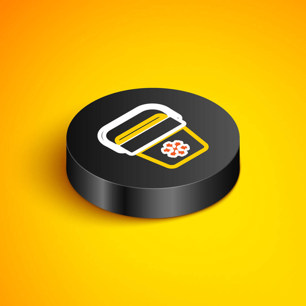 Isometric line Cooler bag icon isolated on yellow background. Portable freezer bag. Handheld refrigerator. Black circle button. Vector - Vector, Image