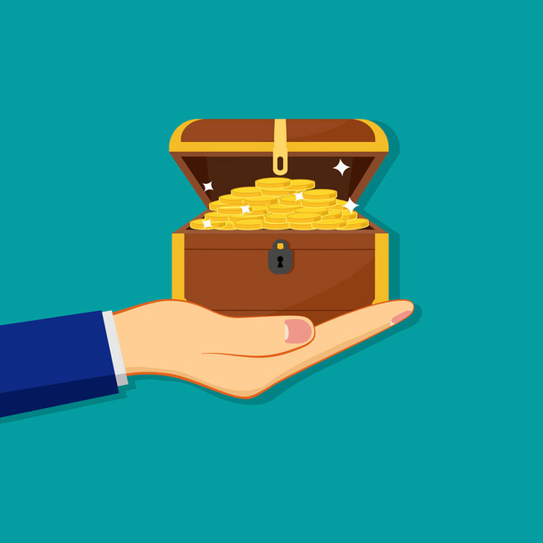 A hand holding a treasure chest with a pile of gold coins. Flat style vector illustration eps - Vector, Image