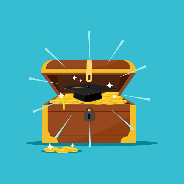 Graduation hat in the treasure chest. The concept of knowledge is a valuable treasure. vector - Vector, Image