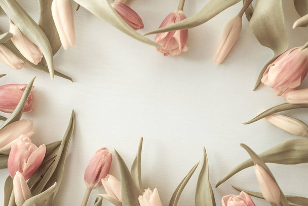 Frame van tulpen op een lichte achtergrond. Delicate, gedempte, pastelkleuren, tintje.Kopieer ruimte. - Foto, afbeelding