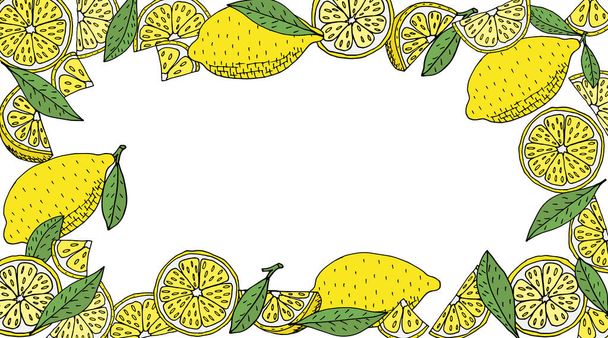 Zitronenrahmen von Hand gezeichnet. Gelbe ganze Zitronen und Scheiben sowie viertel- und grünblättrige Zitronen. Vektorillustration. - Vektor, Bild