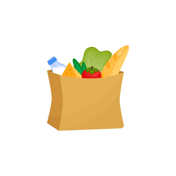 sáček s potravinami. Papírový sáček s bochníkem rajčat ze salátu a okurkami. Produkty z farmy. Vektorová ilustrace na bílém pozadí. koncept ikony plochého stylu - Vektor, obrázek
