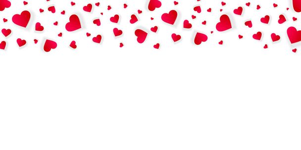 Marco del corazón frontera vectorial día de San Valentín, plantilla de bandera de amor con la caída de los pétalos de confeti scatter rojo. Horizontal superior bordeando para boda invitación aislado sobre fondo blanco, patrón, maqueta - Vector, Imagen