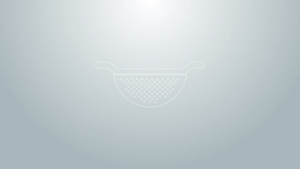 Modrá čára Kuchyně Colander ikona izolované na šedém pozadí. Nádobí na vaření. Znamení příboru. Grafická animace pohybu videa 4K - Záběry, video