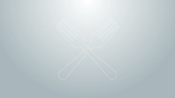 Синяя линия Crossed fork icon isolated on grey background. Символ столовых приборов. Видеографическая анимация 4K - Кадры, видео