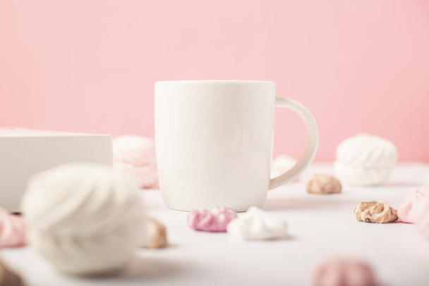 Festive composition for Valentine's Day. Mug and sweets on a pink background. Banner. - Valokuva, kuva