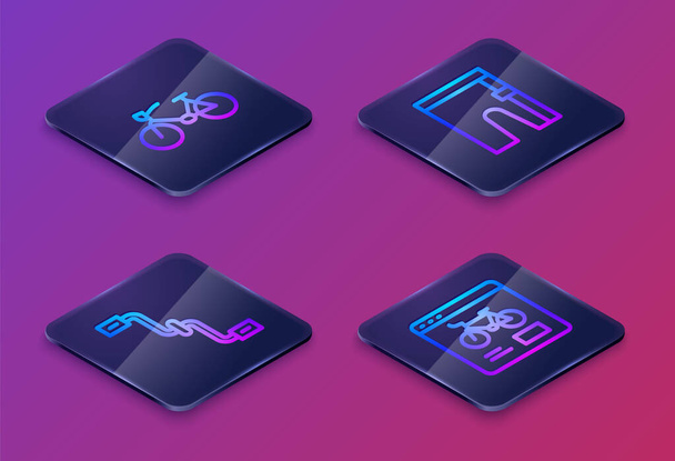 Set Isometric line Bicycle, pedals, Cycling shorts and rental mobile app. Blue square button. Vector. - Vector, Image