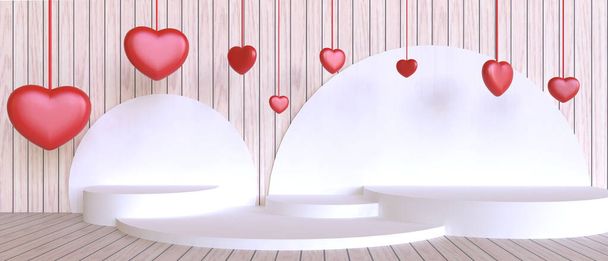 Białe Podium i Walentynki Koncepcja miłości z czerwonym sercem na ścianie drewnianej Tło. minimalna konstrukcja jelenia dla banera produktu i Copy Space - renderowanie 3D - Zdjęcie, obraz