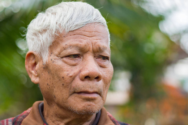 Portret starszego mężczyzny odwracającego wzrok, stojącego w ogrodzie. Miejsce na tekst. Pojęcie osób w podeszłym wieku i opieki zdrowotnej. - Zdjęcie, obraz