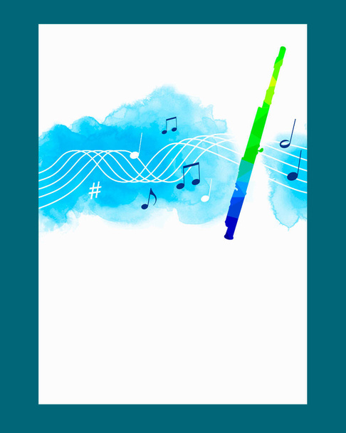 Gráfico musical con flauta transversal sobre fondo acuarela. - Vector, imagen
