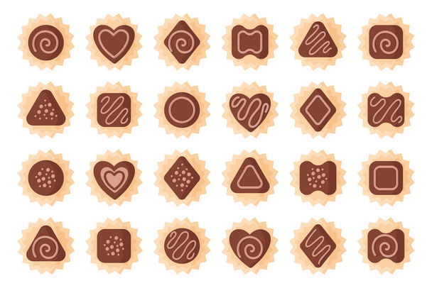 Ensemble de chocolats de différentes formes avec glaçage pour la Saint-Valentin. Modèle plat vectoriel isolé sur fond blanc. - Vecteur, image