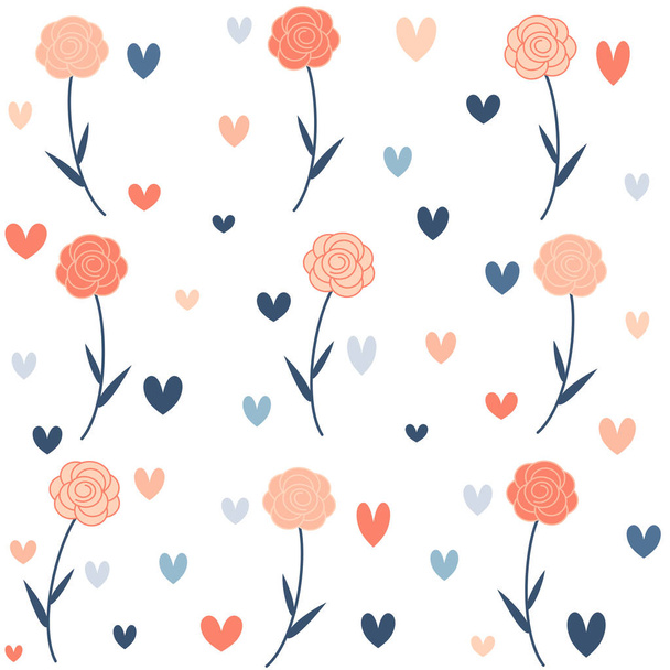 Cute lovely seamless vector pattern background illustration with roses and hearts - Vektör, Görsel