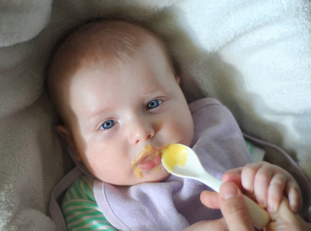 Um menino recém-nascido de 4 meses saboreia com uma colher purê de legumes do bebê, imagem horizontal com foco suave e lugar para texto - Foto, Imagem