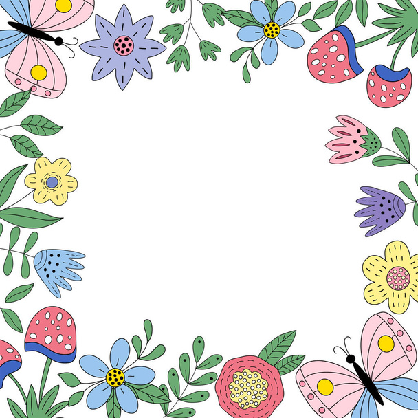 Vektorbild eines Rahmens mit Frühlingselementen - Blumen, Schmetterlinge, Pilze. Für die Gestaltung von Postkarten, Einladungen, Glückwünschen, Drucken von Notizbüchern, Verpackungen - Vektor, Bild
