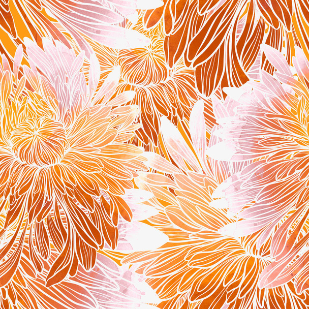 Japán krizantém virágok zökkenőmentes minta. Digitális vonalak kézzel rajzolt kép akvarell textúrával. Vegyes médiaművészet. Végtelen motívum textil dekorációhoz és természetes kialakításhoz. - Fotó, kép