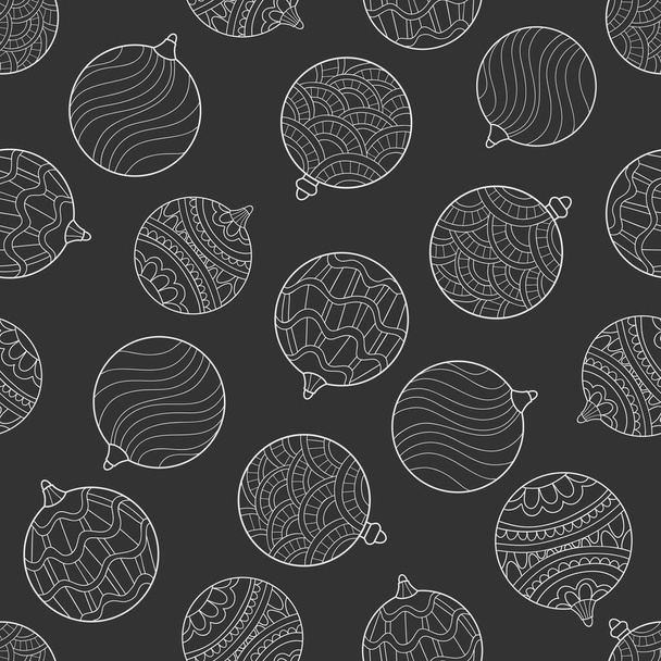 Doodle bolas de Navidad con elementos florales y geométricos sobre fondo gris. Patrón de invierno sin costuras. Papel de embalaje adecuado, embalaje. - Vector, imagen