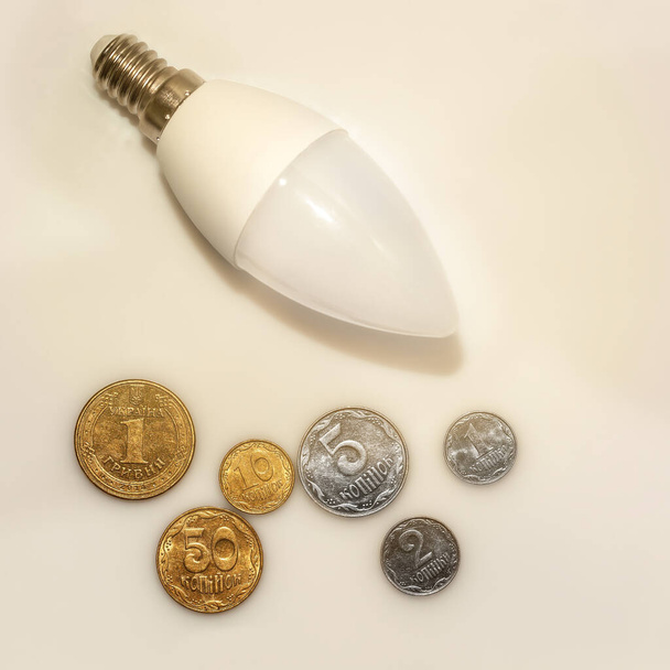 柔らかい焦点。ウクライナの硬貨の概念と電球。ウクライナの電力コストを変えるという概念。ウクライナのグリブナと省エネ電球。省エネコンセプト. - 写真・画像