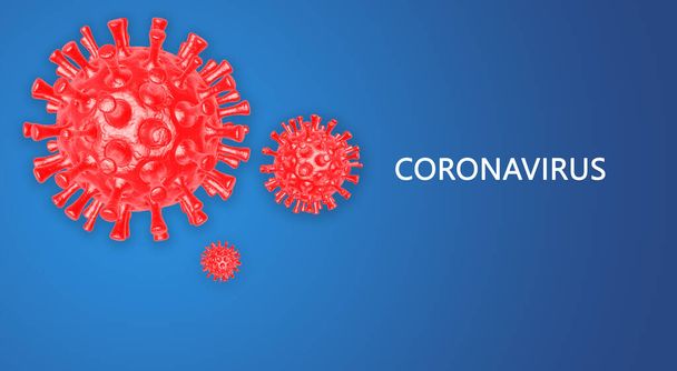 Ιός του κερατοειδούς. Πρότυπο banner με τρισδιάστατη απεικόνιση των βακτηρίων coronavirus σε μπλε φόντο. Στοιχείο σχεδιασμού για αφίσα, κάρτα, banner, φυλλάδιο. - Φωτογραφία, εικόνα