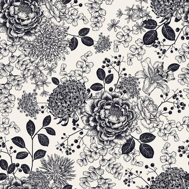 Floral seamless pattern. Garden flowers with branches, berries and leaves. Black graphic arts on white background. Peonies, chrysanthemums, lilies and roses. Vector illustration. Vintage engraving. - Vetor, Imagem