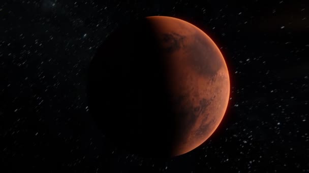 Epický výstřel létající kolem planety Mars v otevřeném prostoru se slunečními erupcemi. Sledování kolem Marsu přes pozadí hvězd. Temná strana - Záběry, video