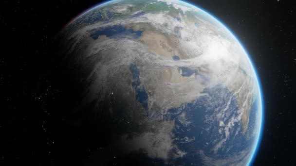 Het verlaten van de Aarde planeet zicht vanuit de ruimte in 4k. Opname van de aarde die door de ruimte vliegt met sterren. - Video