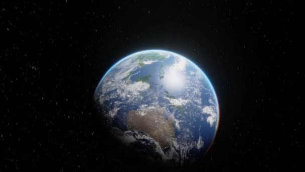Dynamische epische opname van de Aarde die oprijst in de ruimte. Dramatische weergave van de aarde die door de ruimte over de achtergrond van sterren vliegt in 4k-beelden - Video