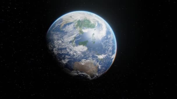 Vliegen rond het zicht van het passeren van de Aarde planeet in de open ruimte over sterren achtergrond - Video