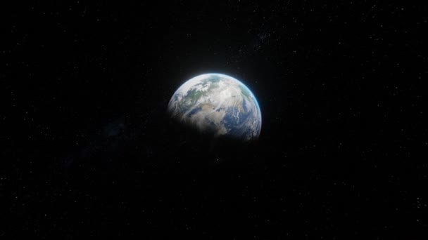 Lecąc na Ziemię przez przestrzeń kosmiczną. Śledzenie na Ziemi planety nad gwiazdami tło w 4k - Materiał filmowy, wideo