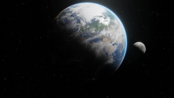 Earth from space front view. Moon flying on Earth orbit from illuminated to dark side of the planet. 3d digital art in 4k footage - Footage, Video