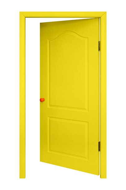 Bútorok - Sárga belső nyitott ajtó a narancssárga fogantyú elszigetelt fehér háttér. - Fotó, kép