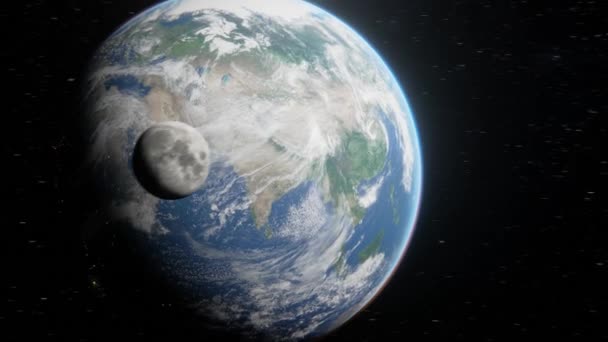 We volgen het beeld van de aarde die door de ruimte vliegt met de maan in een baan om de aarde. Dynamisch zicht op Aarde vanuit de ruimte over sterren. 3d digitale kunst in 4k beeldmateriaal - Video