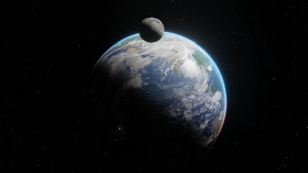 Dünya gezegeni ve Ay uydusu, açık uzayda, yıldızların arka planında. 4k görüntüde 3d dijital sanat NASA tarafından desteklenen bu resmin elementleri - Video, Çekim