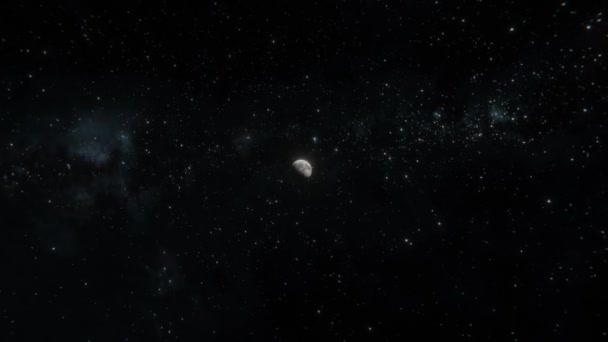 Flying to the Moon view. Passing by the Moon in open space. Interstellar traveling. Space mission 4k 3d visualisation - Footage, Video