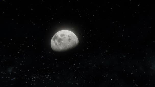 Een episch schot dat wegvloog van de maan in de open ruimte. Het verlaten van de planeet realistische 3D visualisatie 4k beeldmateriaal - Video