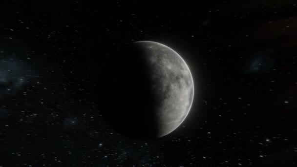 Vliegen rond adembenemende foto van de maan met kratertextuur geïsoleerd in de open ruimte boven sterren. Realistische 3d Maan visualisatie in 4k beelden - Video