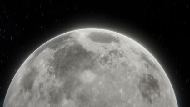 Luna saliendo en el espacio abierto sobre las estrellas. Foto épica de la Luna con destello de sol desde el lado oscuro en la visualización 3D 4k - Metraje, vídeo