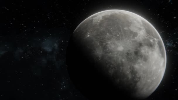 Vliegen bij de Maan in de open ruimte. Verlichte Maan passerend door epische opname in 4k 3d visualisatie - Video