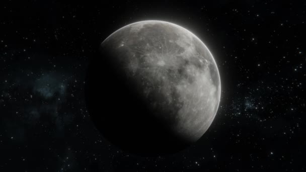 We naderen de maan. Tracking shot van de Maan in de open ruimte boven sterren - Video