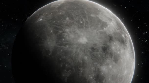 Opname van de maan in de open ruimte boven sterren. Vliegen vanuit het maanzicht in 4k. Planeetstructuur - Video