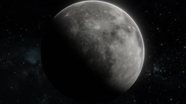 Отслеживание наклонного снимка Луны, вращающейся вокруг оси в открытом космосе над звездами. Трехмерная визуализация по времени Луны - Кадры, видео