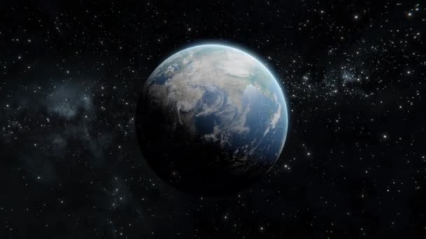 Opname van de aarde vanuit de ruimte, vliegend over de achtergrond van sterren. Het verlaten van de aarde uitzicht in 4k - Video