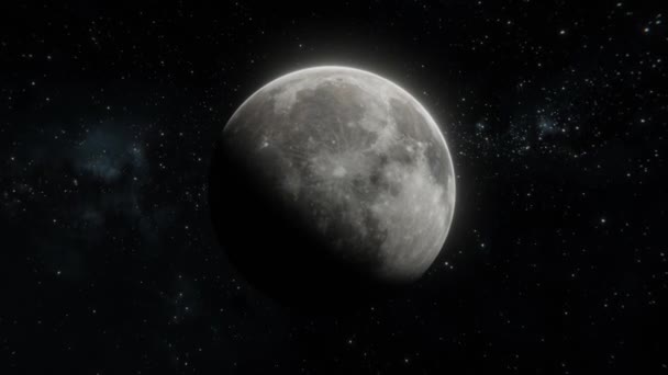 Schöne Aufnahme des Mondes, der sich im freien Weltraum entfernt. Epischer Blick auf den Mond. Verlassen des Planeten - Filmmaterial, Video