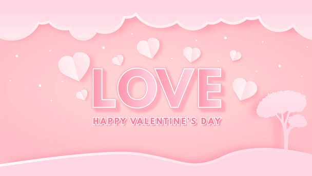 Happy Valentijnsdag met hartvormig papier gesneden stijl achtergrond ontwerp - Vector, afbeelding