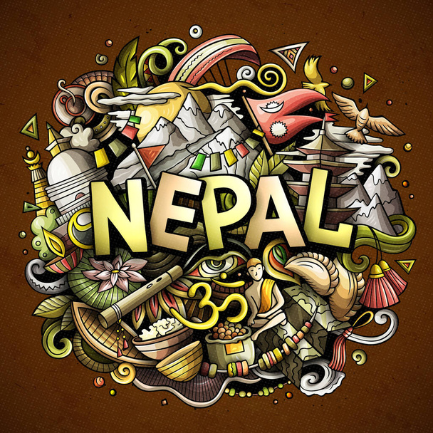 Nepal käsin piirretty sarjakuva doodles kuvitus. Hassu matkasuunnittelu. Luovan taiteen kuvatausta. Käsin kirjoitettu teksti elementtejä ja esineitä. Värikäs koostumus - Valokuva, kuva