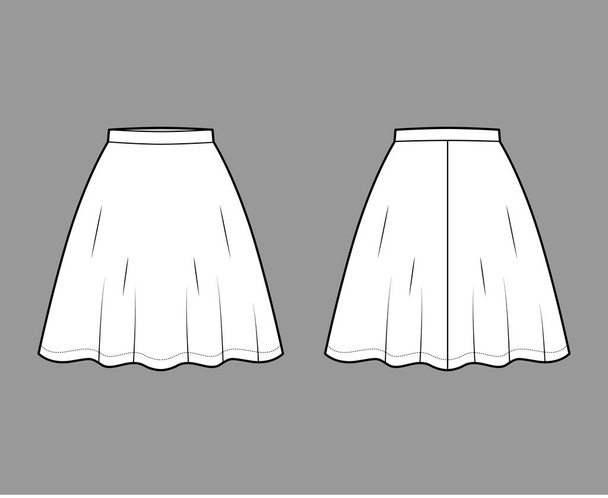 Spódnica flared skater ilustracja techniczna mody z ponadkolanowej sylwetki, półokrągła pełnia. Płaskie dno - Wektor, obraz