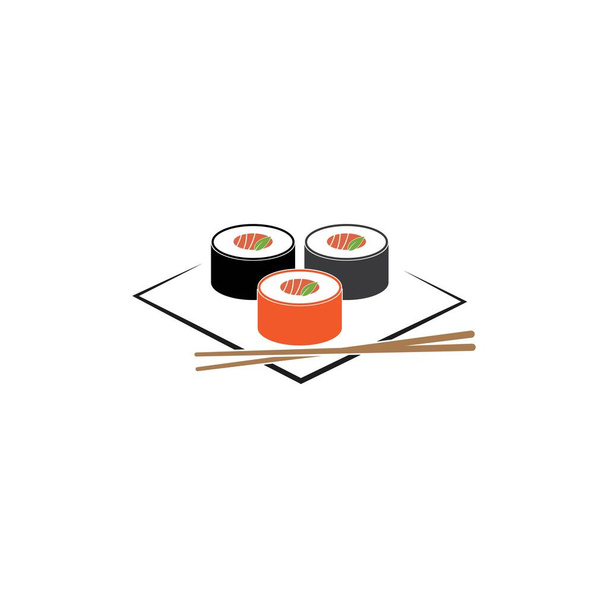 Sushi and rolls with chopstick bar or restaurant vector logo template. Japanese or chinese traditional cuisine, tasty food icon. - Διάνυσμα, εικόνα